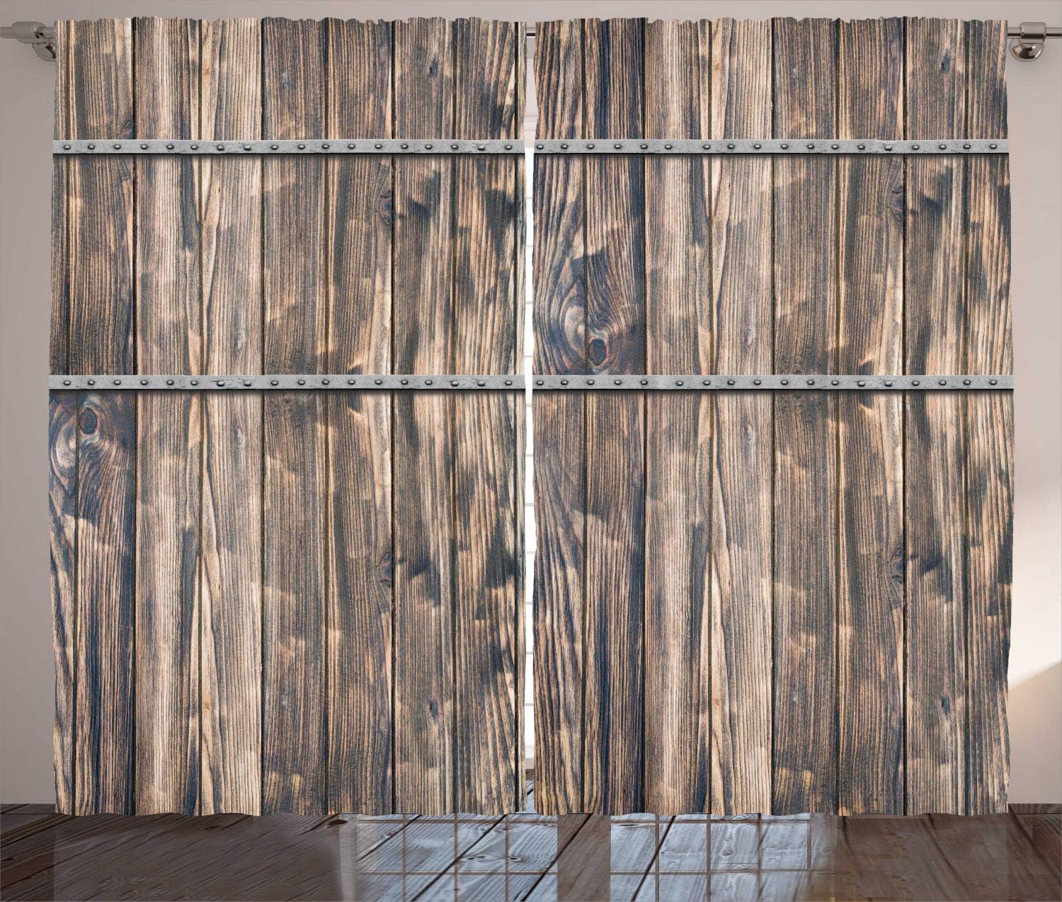 Ambesonne Rustic Curtains, Image of Wooden Planks with Screws and Nails Farmhouse Theme Log Cabin Print, Living Room Bedroom Window Drapes 2 Panel Set, 108