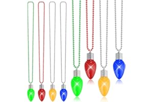 EOBOH Christmas Necklace, 8pcs Light up Christmas Bulb Pendant Necklaces, Xmas Accessories Bulk Green Yellow Red Blue Beads, Light Xmas Necklaces for Ugly Sweater New Year Party Supplies