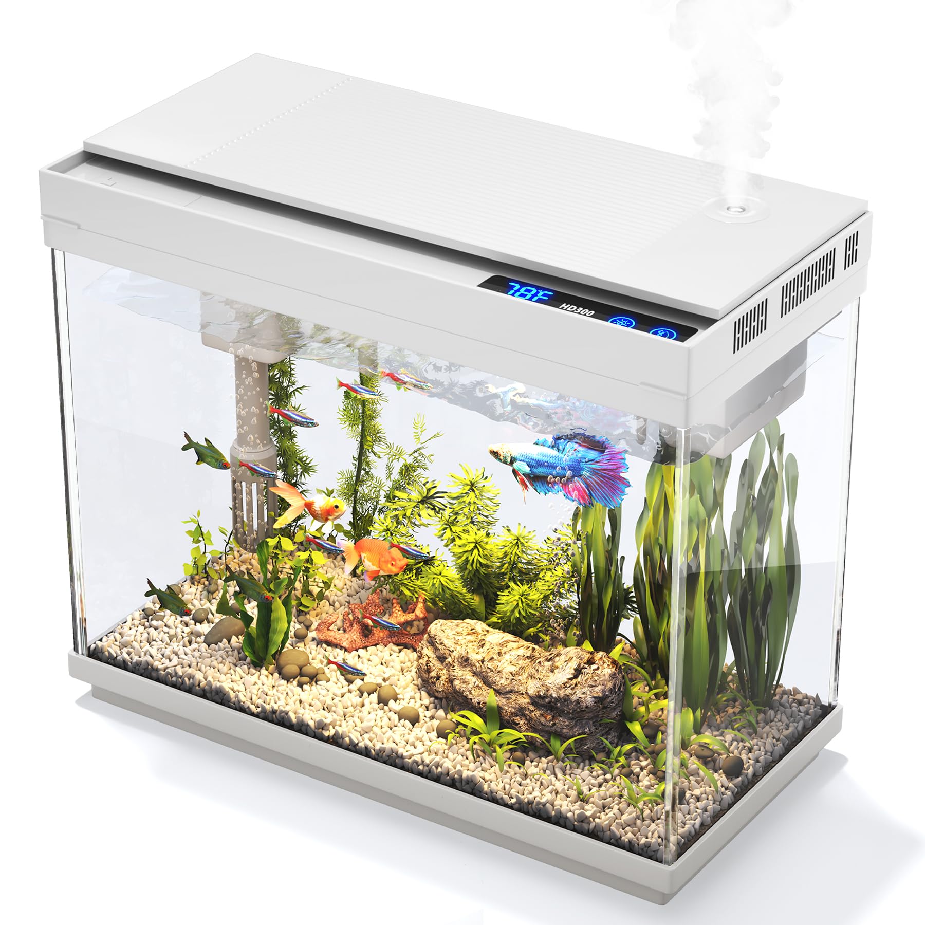 Photo 1 of Vehipa Fish Tank 2.4 Gallon Aquarium Kit with Humidifier 7-Color Auto-Looping 3 in 1 Quiet Pump with Filteration & Oxygenation & Circulation, Temperature Display, HD Glass