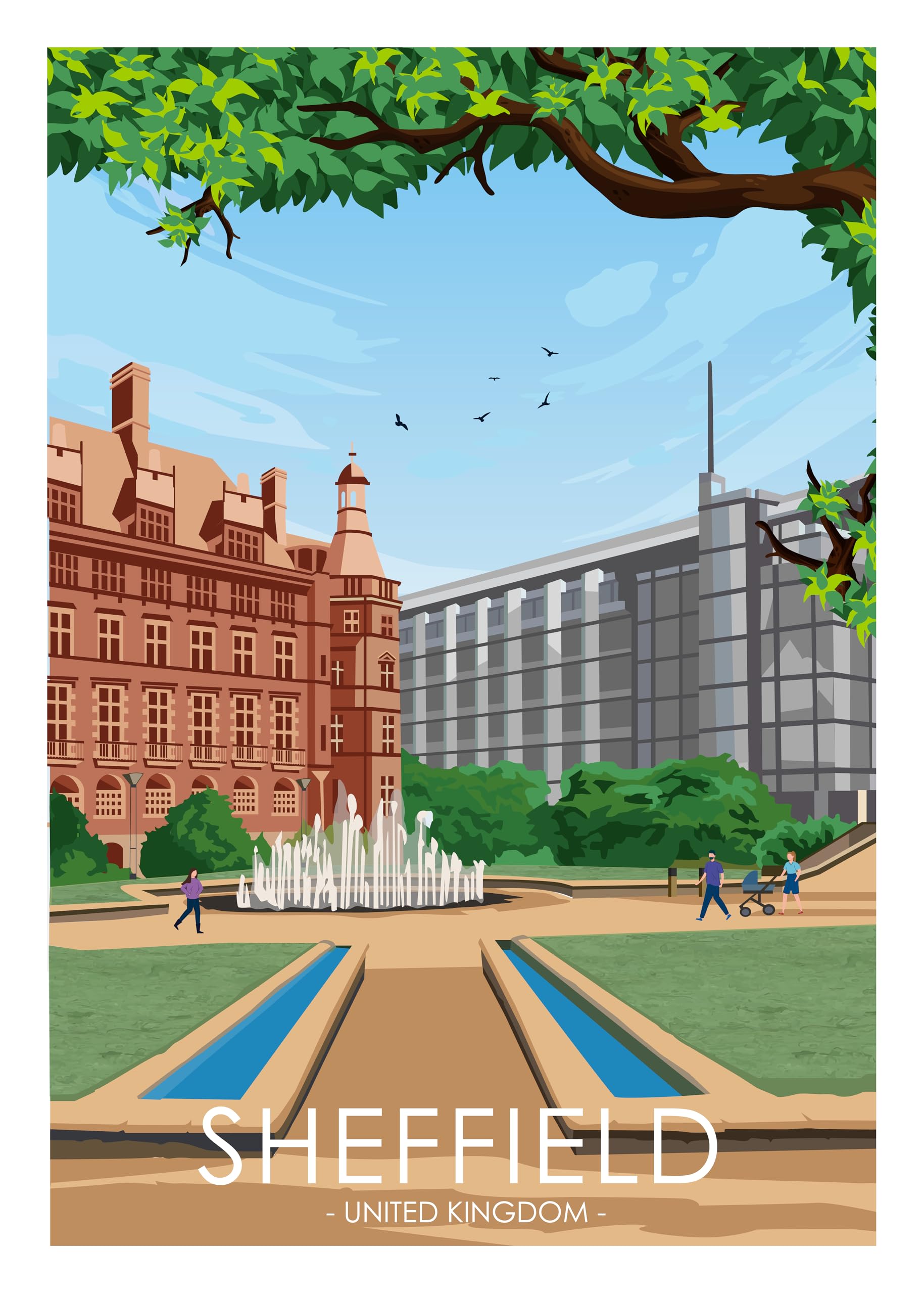 Hewson's Gifts UK Travel Print UK Cities and Shires, Handmade Print Of The Beautiful Places of United Kingdom, UK Artwork Wall Art Poster For New Home Kitchen Print (Sheffield, A4 Unframed Print)