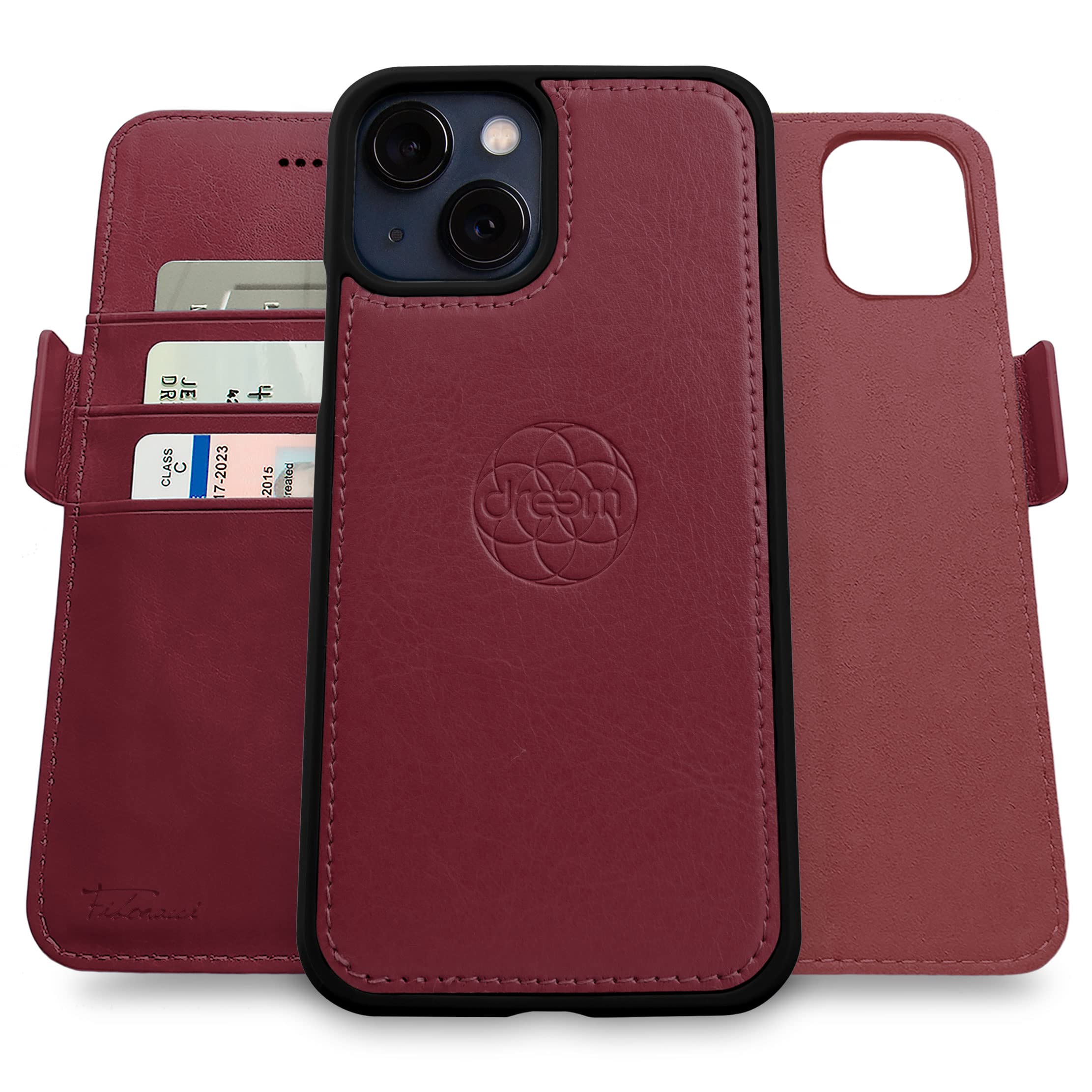 dreem Fibonacci wallet case compatible with iPhone 13/2-in-1 shockproof case and detachable vegan leather folio, MagSafe compatible, RFID protection [Burgundy] — image 1