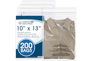 Spartan Industrial - 10” X 13” (200 Count) Self Seal Clear Poly Bags with Suffocation Warning for Packaging, T Shirts - Permanent Adhesive