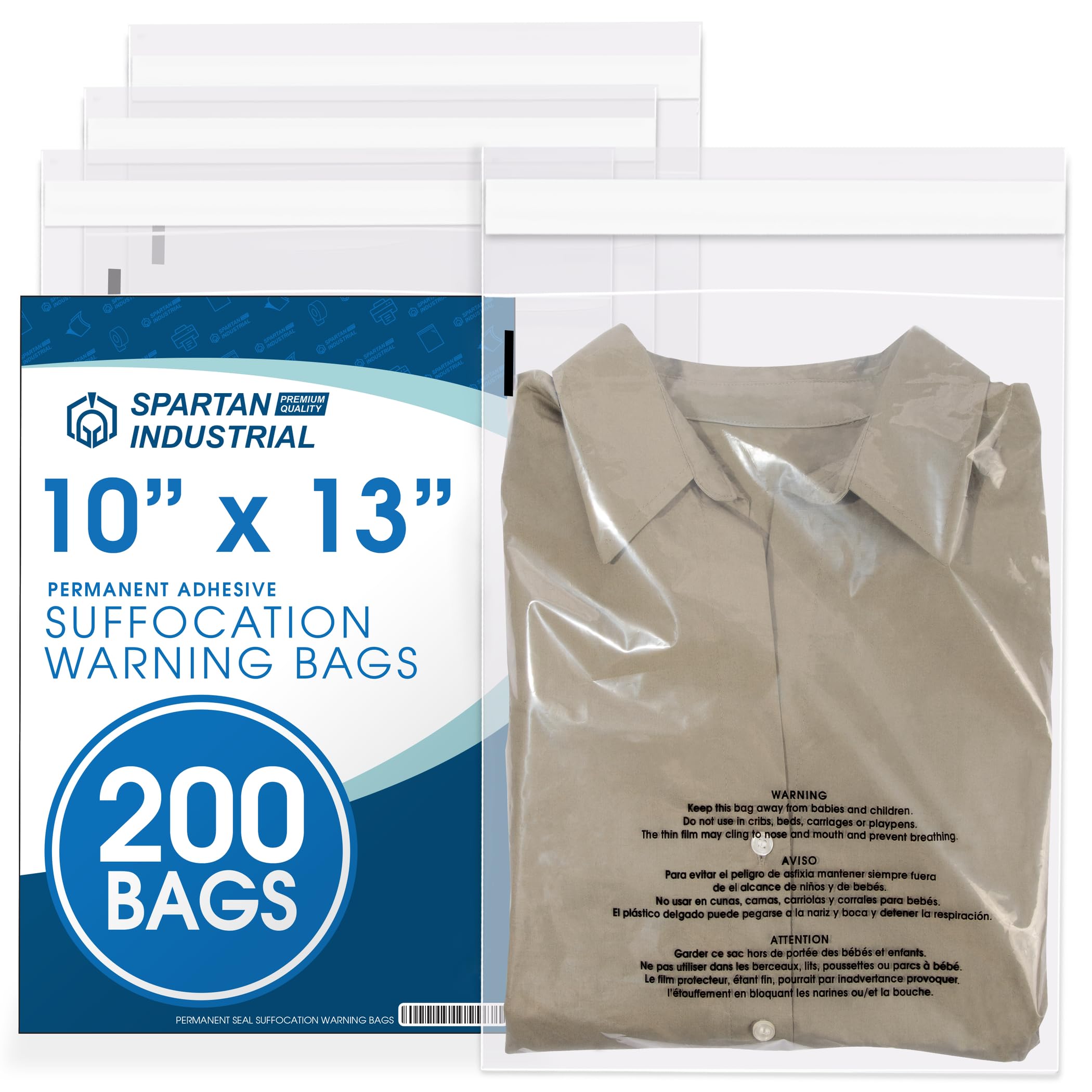 Photo 1 of Spartan Industrial - 10” X 13” (200 Count) Self Seal Clear Poly Bags with Suffocation Warning for Packaging, T Shirts - Permanent Adhesive