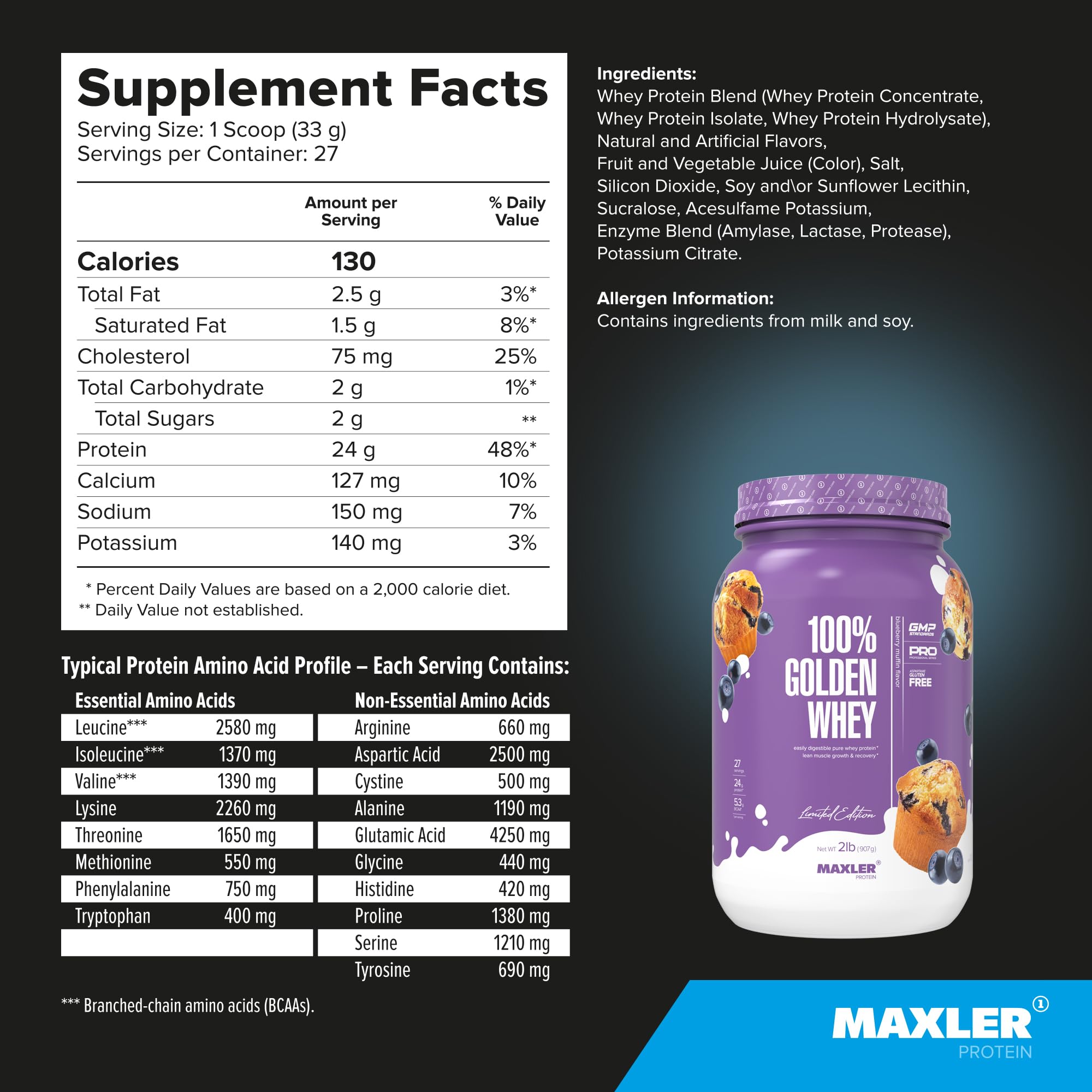 Maxler 100% Golden Whey Protein - 24g of Protein per Serving - Premium Whey Protein Powder for Pre Post Workout - Fast-Absorbing Whey Concentrate, Isolate & Hydrolysate Blend - Blueberry Muffin 2 lb