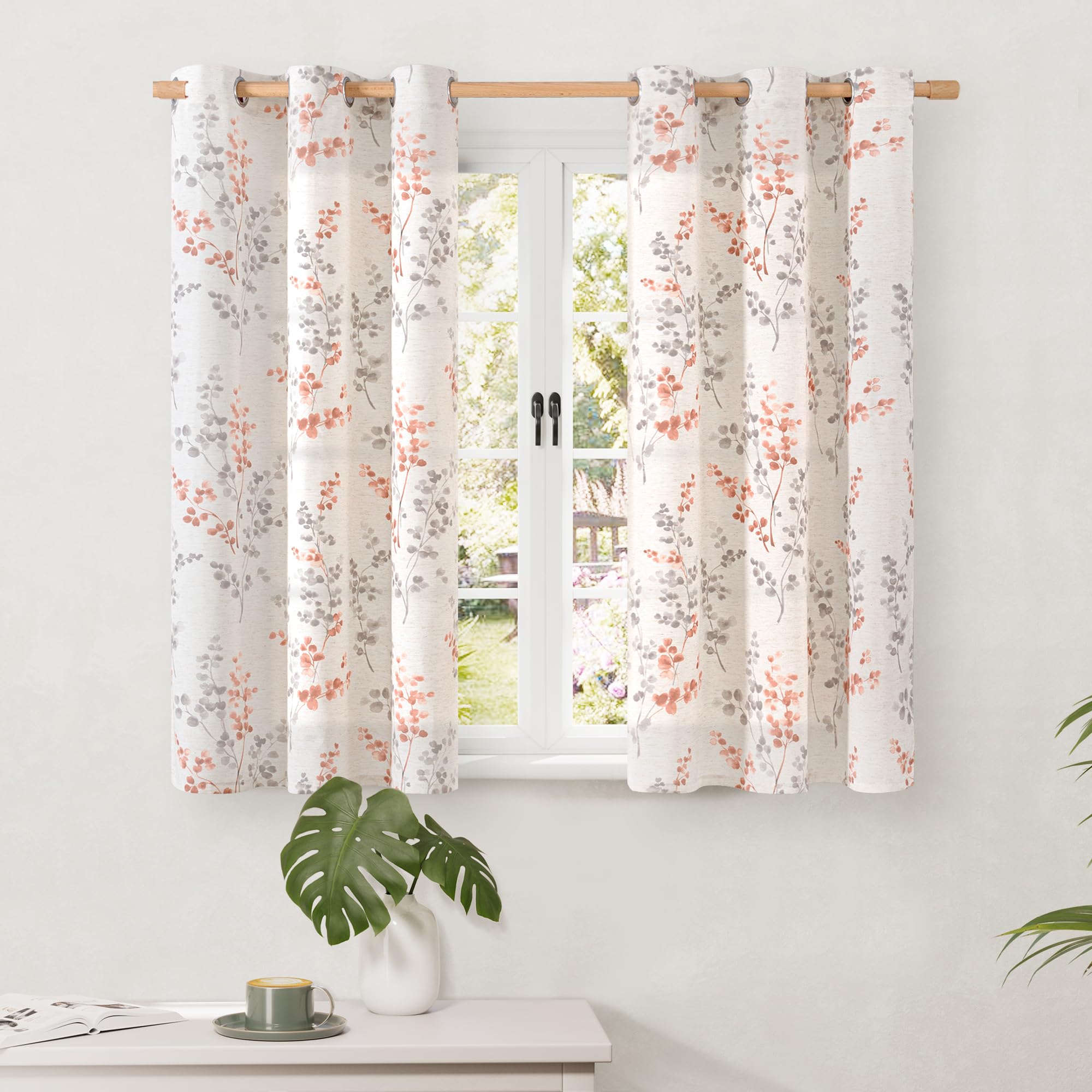 Photo 1 of BGment Short Linen Curtains for Small Window 45 Inch Length 2 Panels, Boho Light Filtering Privacy Curtains for Farmhouse Bedroom Basement Bathroom, Cottage Leaf Design, Each 42 Inch Wide, Terracotta