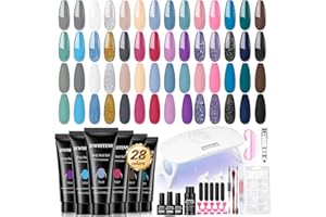 JEWHITENY Poly Gel Nail Kit 28 Colors Nude Gray Glitter with Nail Lamp Base Top Coats Builder Gel All-In-One Set Ideal for Designs DIY At Home Need U V Lamp Curing