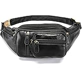 Genuine Leather Fanny Pack large capacity Crossbody Waist Bag with Zipper phone Pockets black