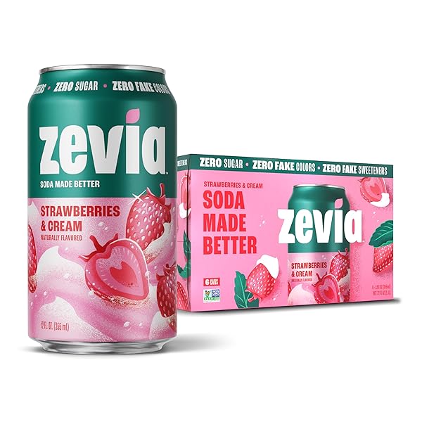 ZEVIA ZERO SUGAR SODA, STRAWBERRIES AND CREAM, 12 OZ CANS (6-PACK) – CAFFEINE FREE, NATURALLY SWEETENED, NO CALORIE SODA – NON-GMO PROJECT VERIFIED, GLUTEN-FREE, VEGAN