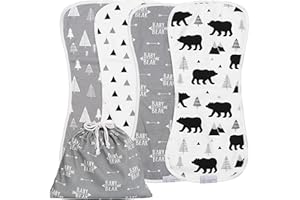 PONDERING PINE Organic Burp Cloths for Baby Boys and Girls with Bag - XLarge Absorbent Burping Clothes, Newborn Towel, Milk Spit Up Rags, Burpy Cloth Bib for Unisex, Boy, Girl, Baby Bear Woodland, 4 Pack