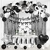 Black Bow Birthday Party Decorations, Coquette Bow Black and White Silver Confetti Long Balloons Happy Birthday Banner Fringe Curtain Tassel Pompoms for Women Girls Theme Baby Shower Party Supplies