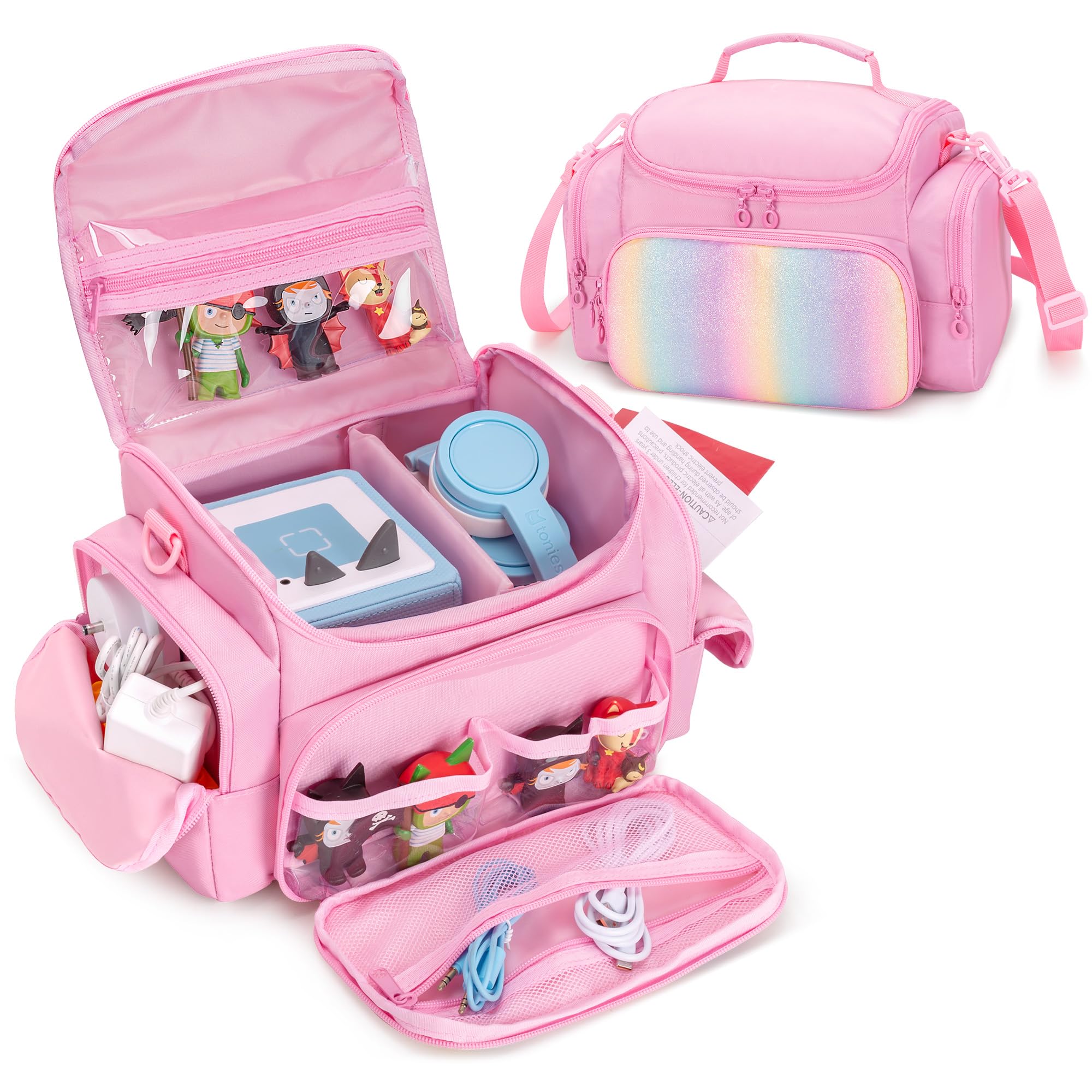 LoDrid Travel Case Compatible with Toniebox 2/1 for Audio Player Set with Shoulder Strap and Handle, Storage Bag with Multiple Pockets for Charge, Headphone and Accessories, Pink, Bag only