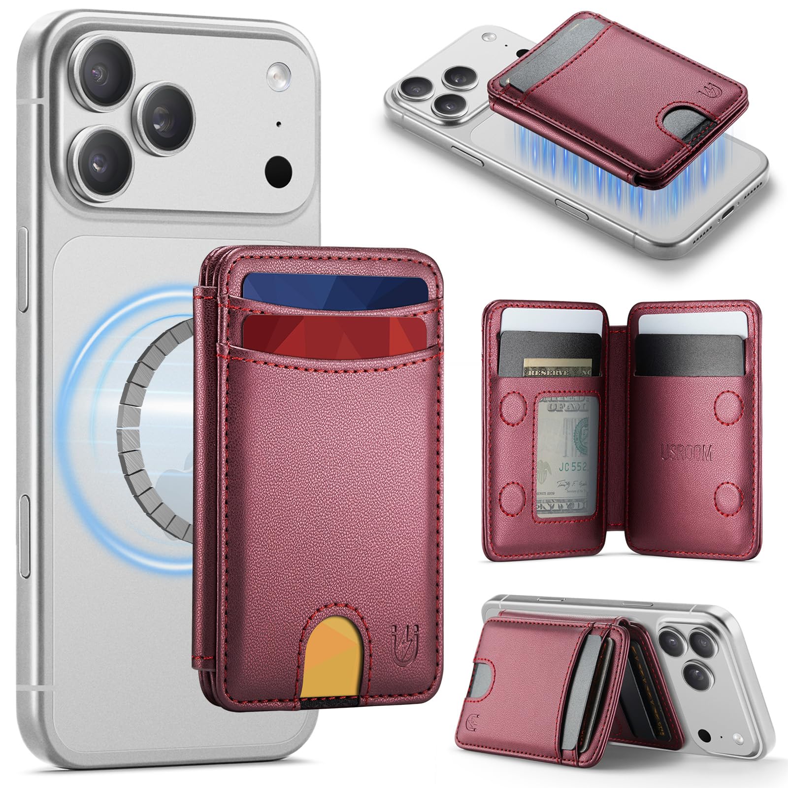Usroom for Magsafe Wallet Magnetic RFID Blocking Card Holders, PU Leather Strong Magnet Phone Wallet Compatible with Magsafe Phones and Cases for iPhone 17/16/15/14/13/12/ Pro/Max/Plus, Wine Red