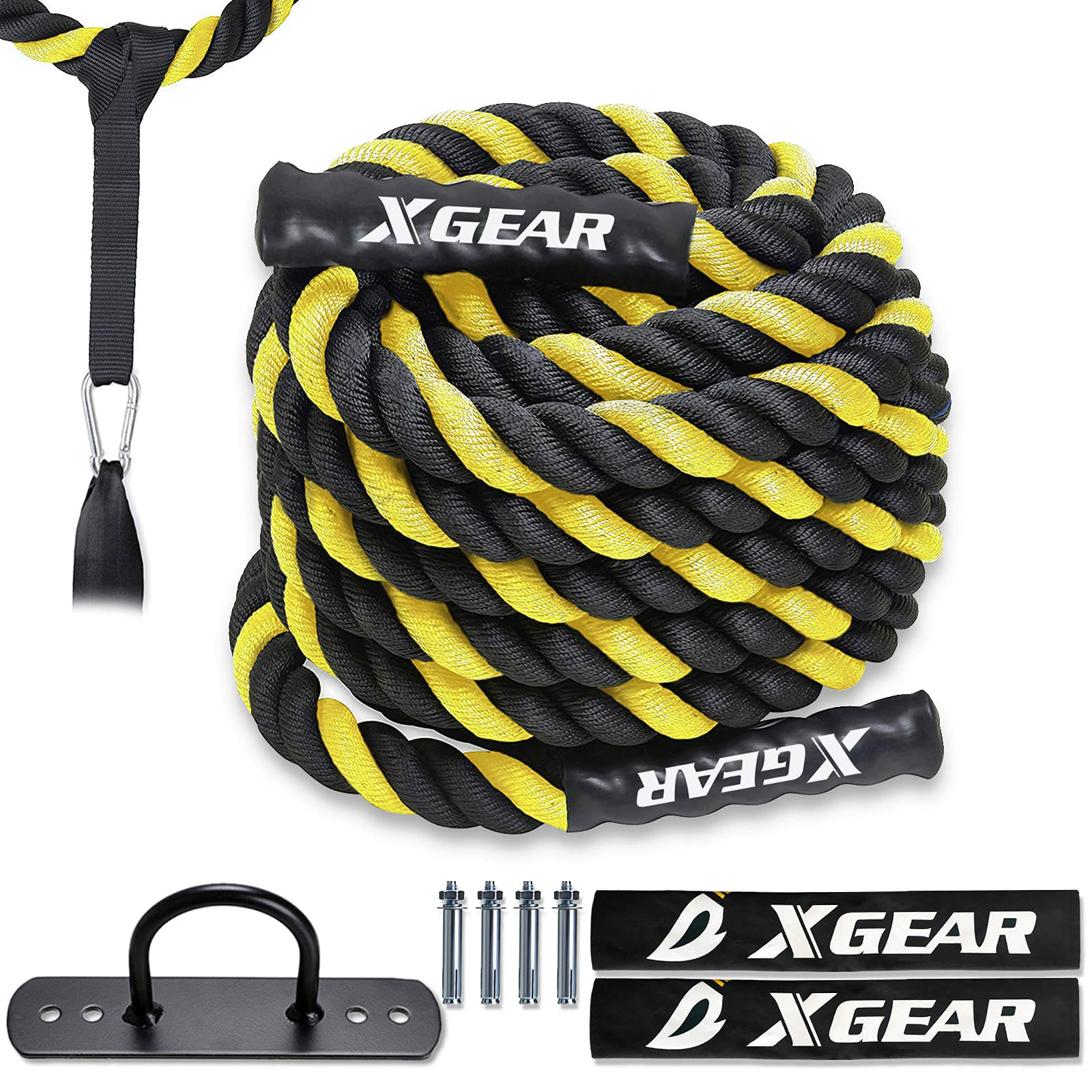 XGEAR Heavy Battle Rope, Workout Rope with Upgraded Polyester Cover, Anchor Strap, Wall Mount Kit,Undulation Ropes for Home Gym Outdoor Strength Training, Cardio Workout, Yellow