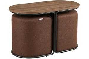 Mira Desk Coffee Table with Storage Ottomans, Walnut Grain Wood Top with Brown Textured Fabric Stools, Oval Nesting Table Set