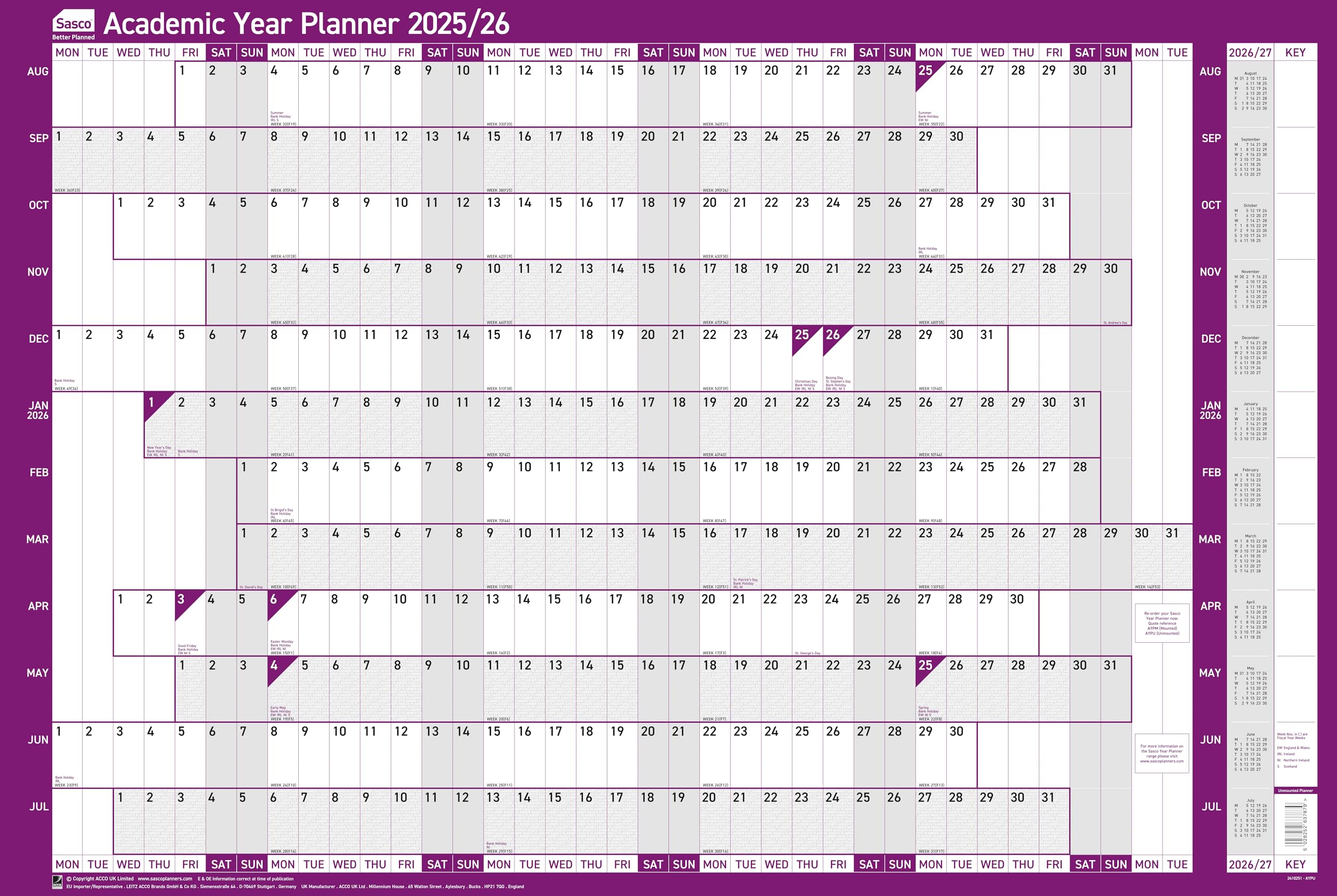 Sasco 2025-2026 Academic Year Wall Planner, August to July School & University Wall Planner Set, Paper Large Whiteboard Poster Style Dry Erase Calendar, Purple, 915x610mm, 2410251