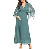 AISWI Maternity Sparkly Mesh Maxi Dress Handkerchief Sleeves Wrap V Neck Flowy Pregnancy Dresses Baby Shower Formal