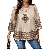 RoseSeek Women's Plus Size Geometric Graphic Shirts Boho Tops Crewneck 3/4 Sleeve Blouses Dressy Casual