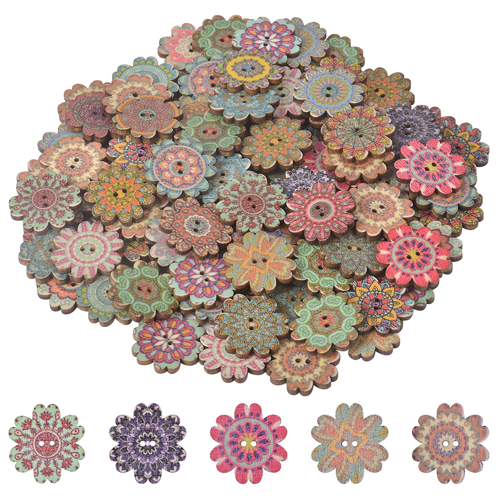 100PCS Wood Buttons, Flower Painting 2 Holes Decorative Vintage Wood Wooden Buttons for Sewing Crafting for Sewing Craft Decorative 20mm Mixed Random
