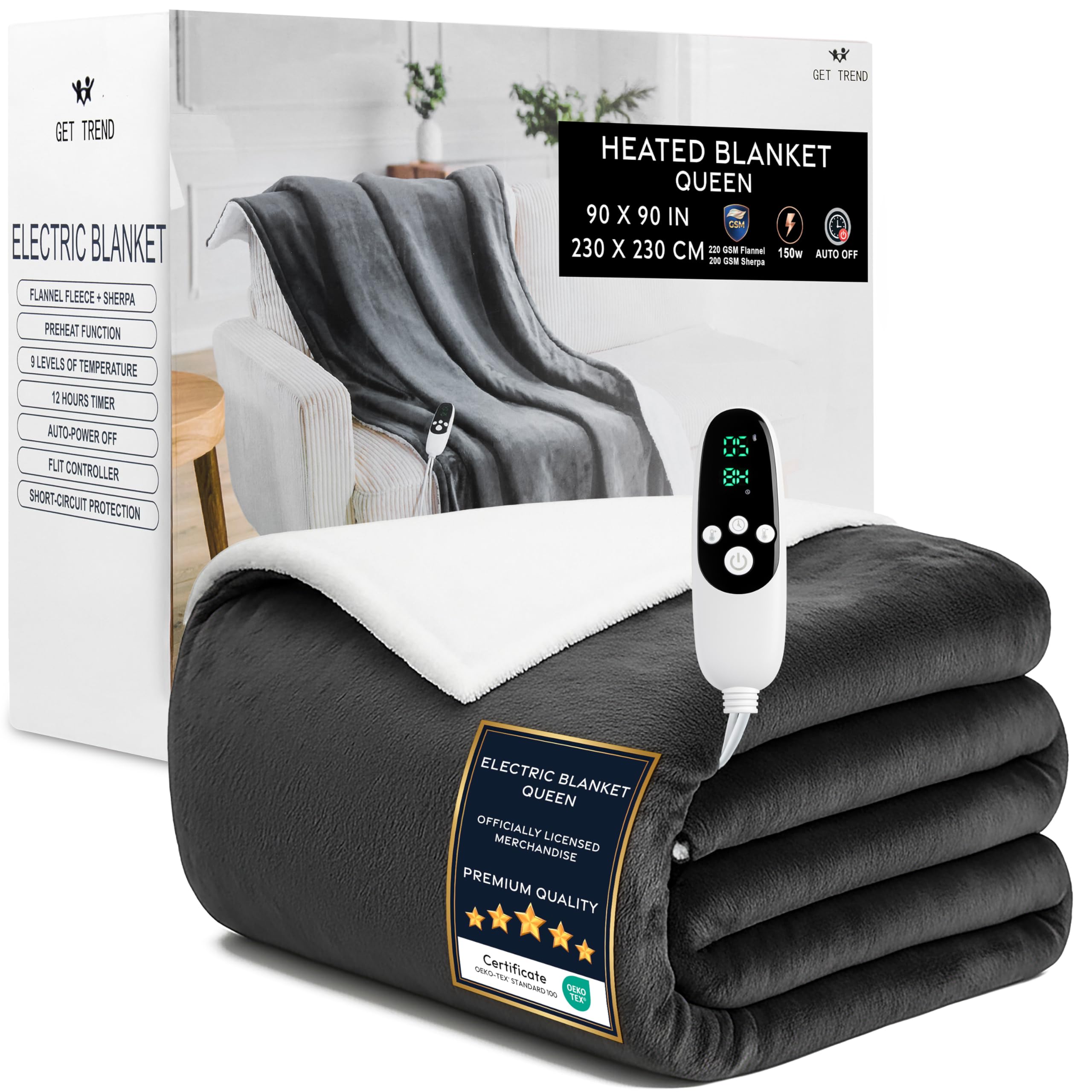 Photo 1 of ***FACTORY SEALED OPENED FOR INSPECTION***Heated Blanket Electric Luxurious Fleece Queen Blanket, 9 Heat Settings & 12H Auto Shut-Off, Gifts for Grandma, Grandpa, Seniors, 90x90 in (Dark Grey, Queen US)