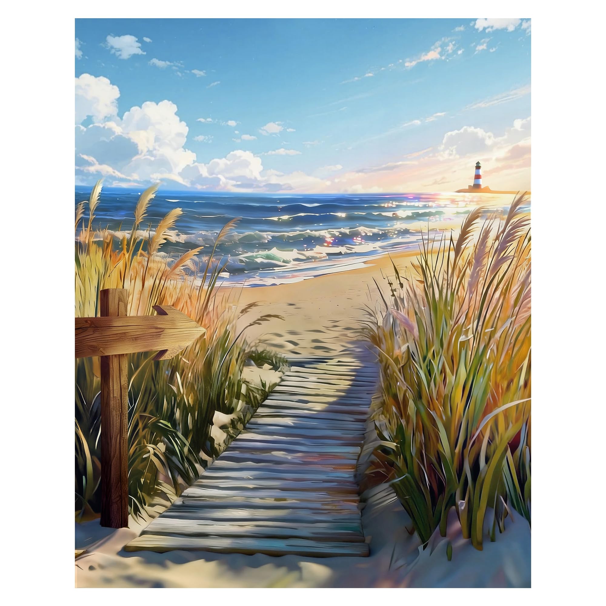 NPCSWXQ Beach Paint By Numbers Kits for Adults Beginners, Beachside Reed Lighthouse Adult Paint by Number Canvas, DIY Acrylic Simple Number Artist Paint Kit for Gifts Home Wall Decor 16x20Inch