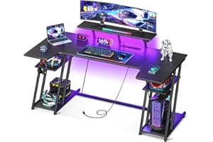 MOTPK Gaming Desk with LED Lights, 60 Inch U Shaped Desk with Power Outlet, Gaming Computer Desk with Storage Shelves, PC Gaming Table with Monitor Stand&Headphone Hook, Carbon Fiber Texture, Black