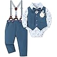 SOLOYEE Baby Boy Clothes Suit Infant Gentleman Wedding Outfit Dress Shirt+Bowtie+Vest+Corsage+Suspender+Pants 6Pcs Set 0-24M