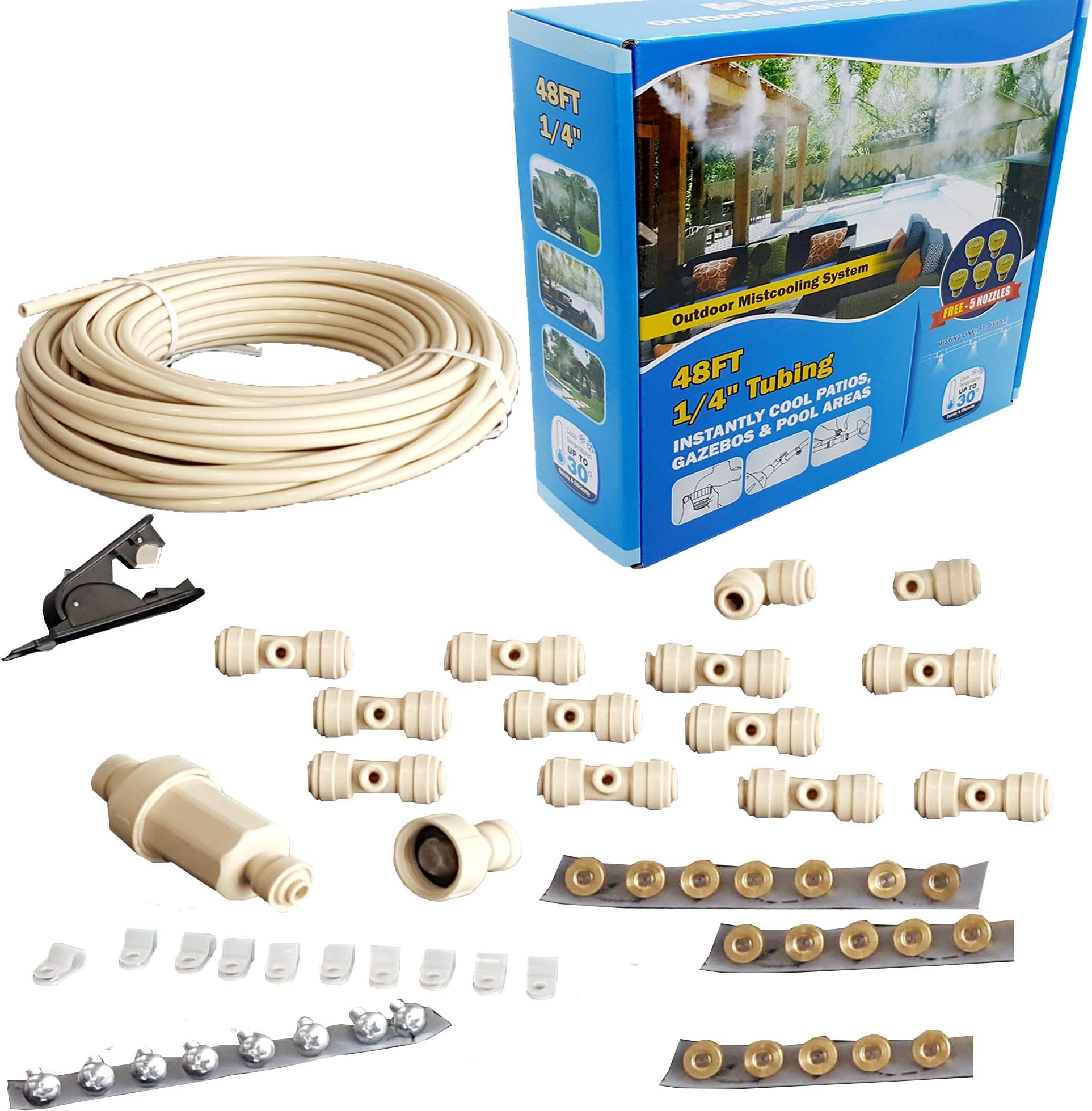 Hydrobreeze Outdoor Mistcooling System - 48 Feet Misting Line - 5 Free Misting Nozzles - Patio Misting System with Push to Connect Fittings -