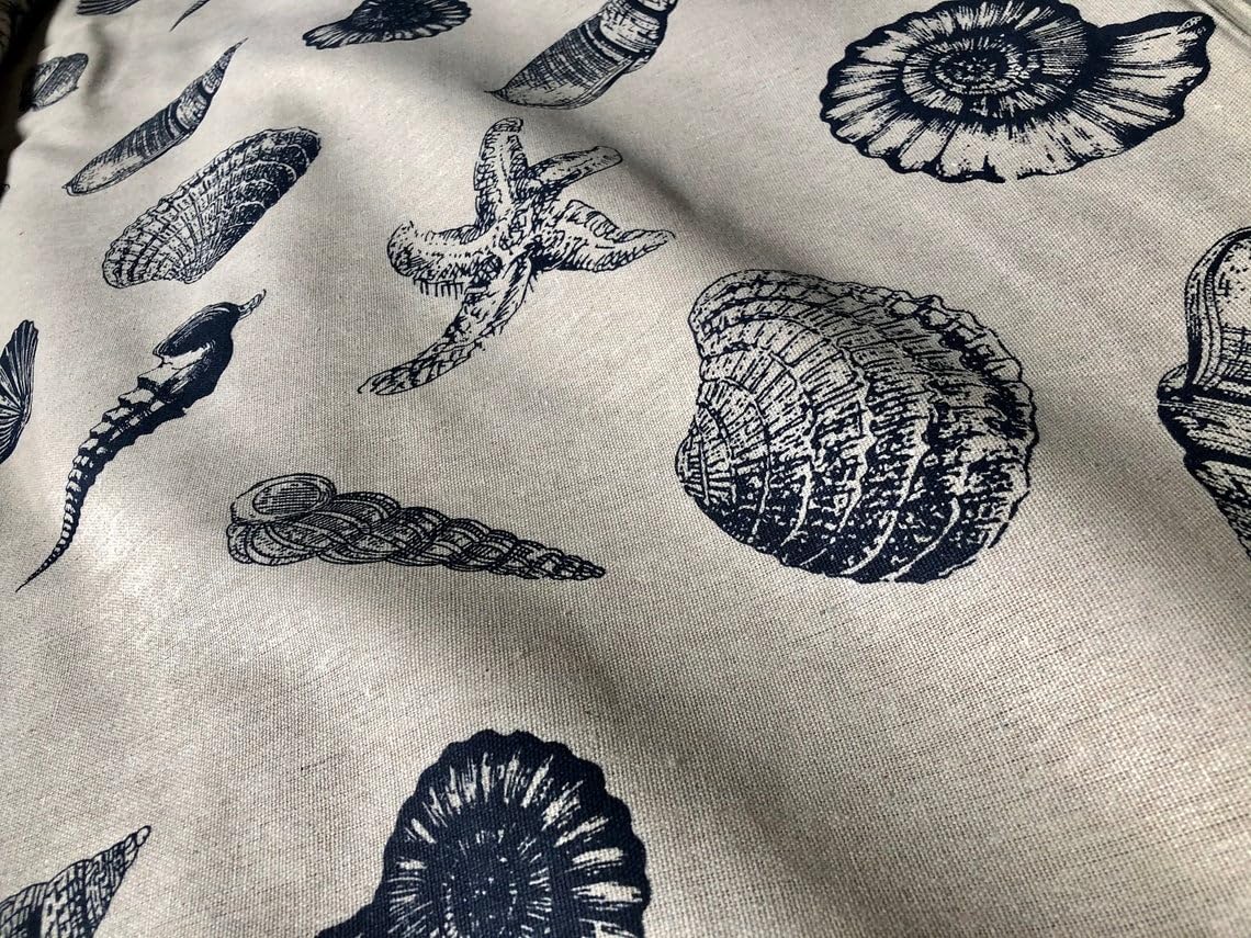 Ocean Beach Shell Star Cotton Linen Nautical Fabric Natural Dark Blue Marine Hessian Jute Sea Material Home Decor - 155cm Wide Canvas (1 Metre)
