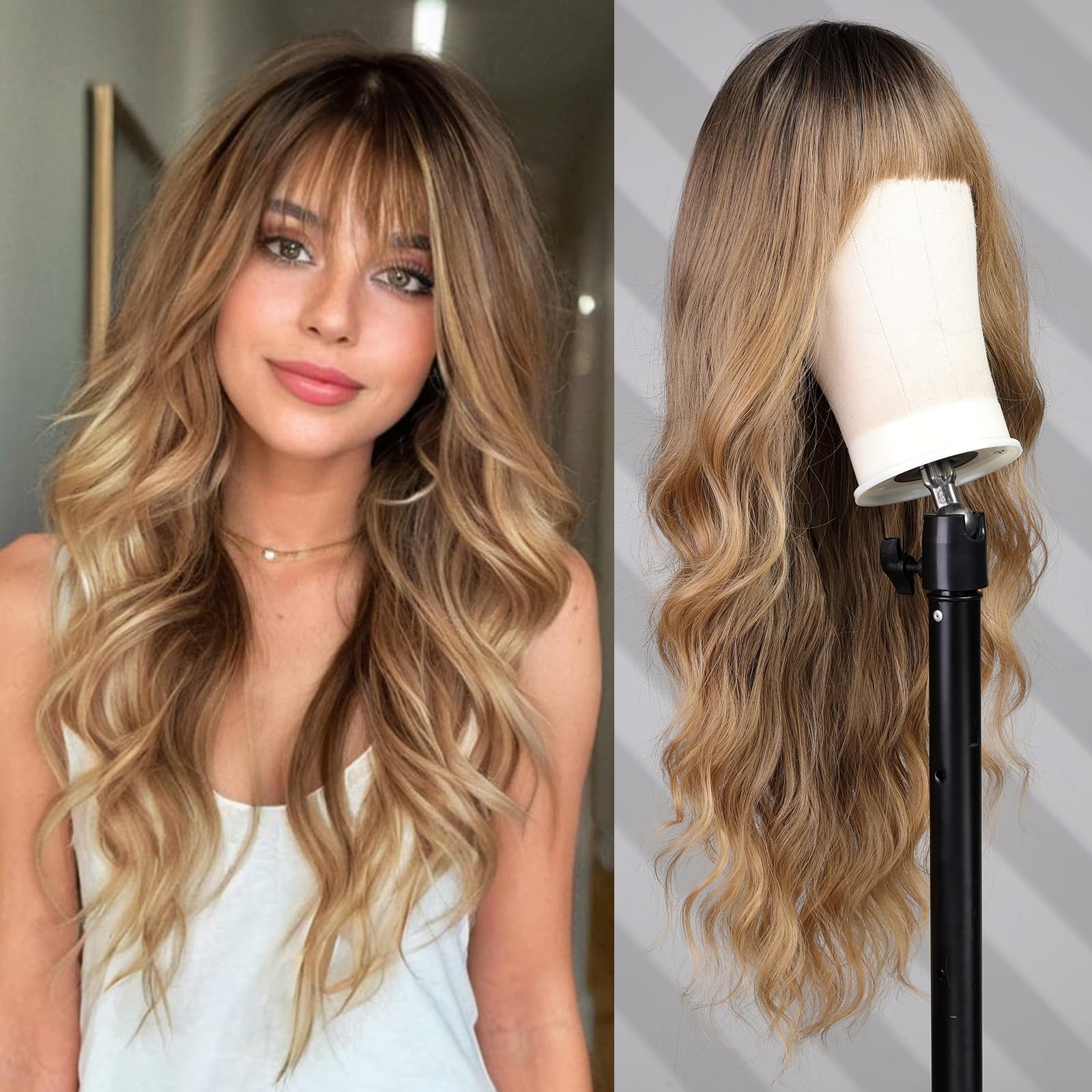 WOKESTAR Long Golden Brown Wigs for Women Synthetic Hair Wavy Wig with Fringe