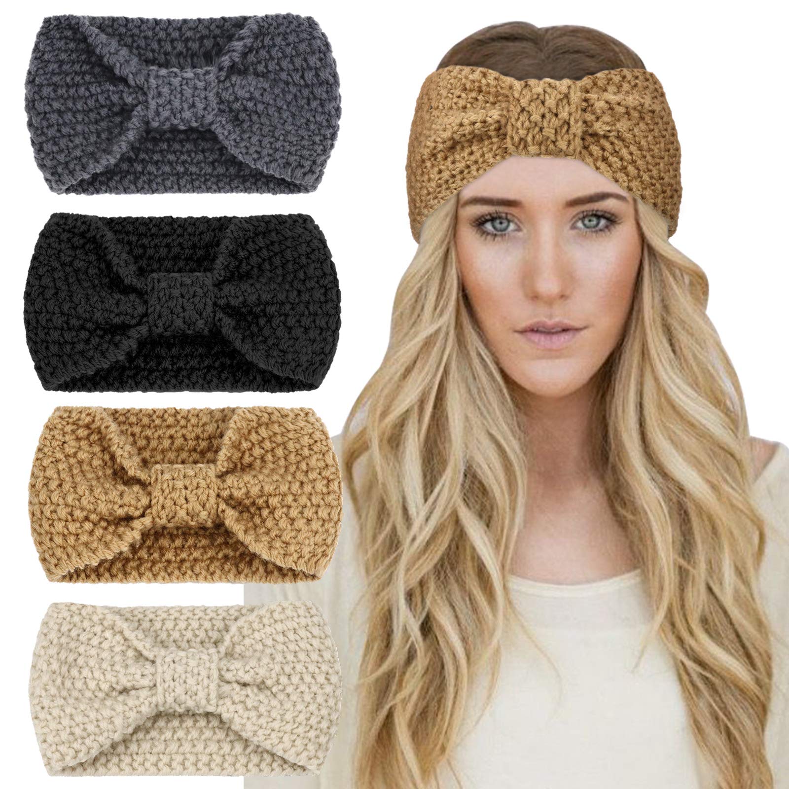 DRESHOW 4 Pack Knitted Hairband Crochet Turban Headband for Women Girls Warm Bulky Crocheted Headwrap