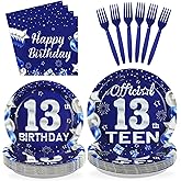 96Pcs 13th Birthday Party Supplies Blue and Silver Plates and Napkins Disposable Official Blue Silver Teenager 13 Years Old Paper Tableware Set for Boys Girls 13th Birthday Party Decorations Serves 24