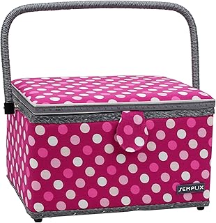 SEMPLIX Nähkorb Größe L, Polka Dots Beere/Rosa (30,5x22,5x19cm), Nähkästchen im frechen Punktedesign, Naehkasten in 5 trendigen Farben