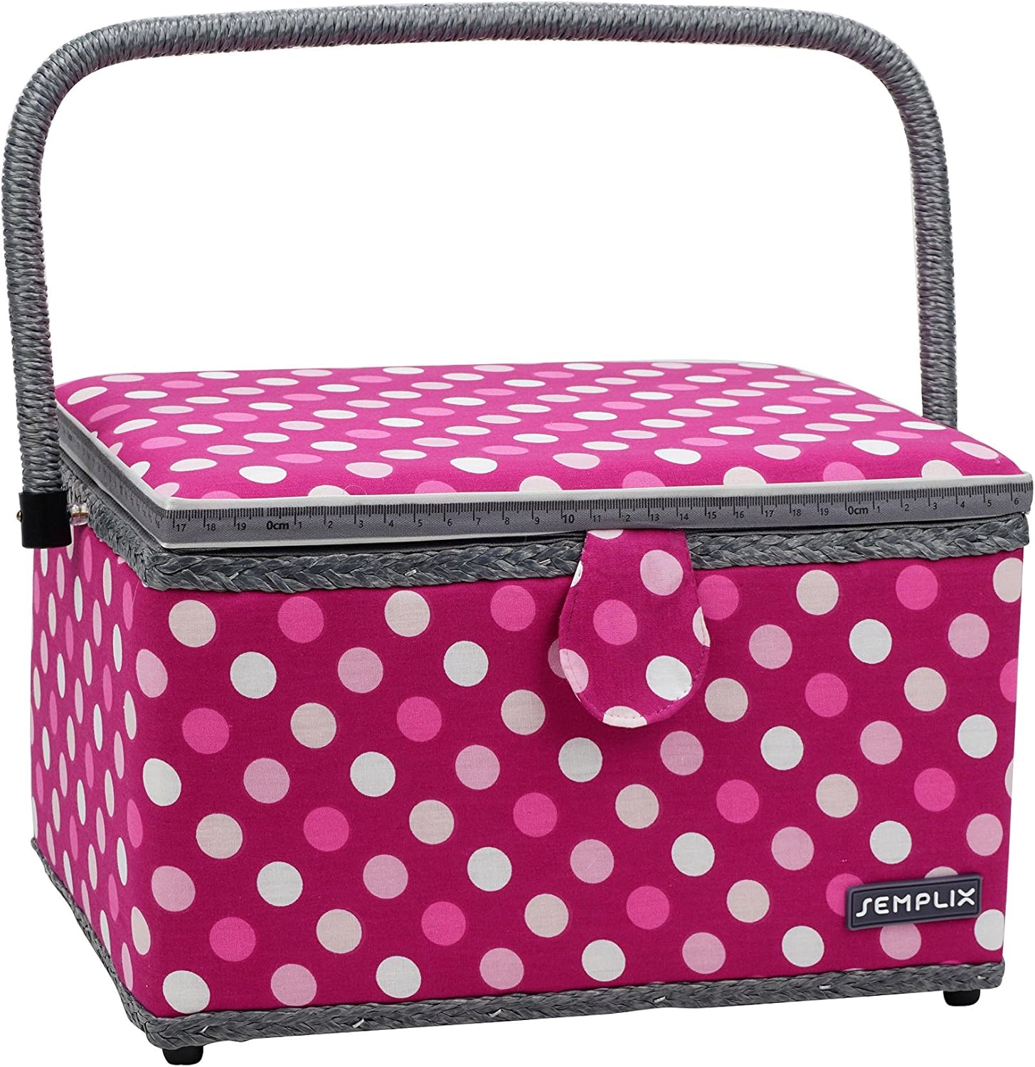 SEMPLIX Nähkorb Größe L, Polka Dots Beere/Rosa (30,5x22,5x19cm), Nähkästchen im frechen Punktedesign, Naehkasten in 5 trendigen Farben