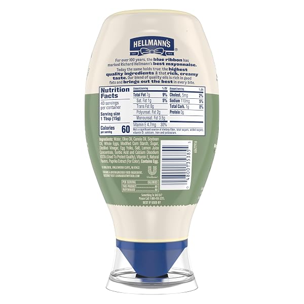 HELLMANN’S MAYONNAISE DRESSING WITH OLIVE OIL SQUEEZE BOTTLE CONDIMENT FOR SIMPLE MEALS AND SANDWICHES RICH IN OMEGA-3 ALA 20 OZ