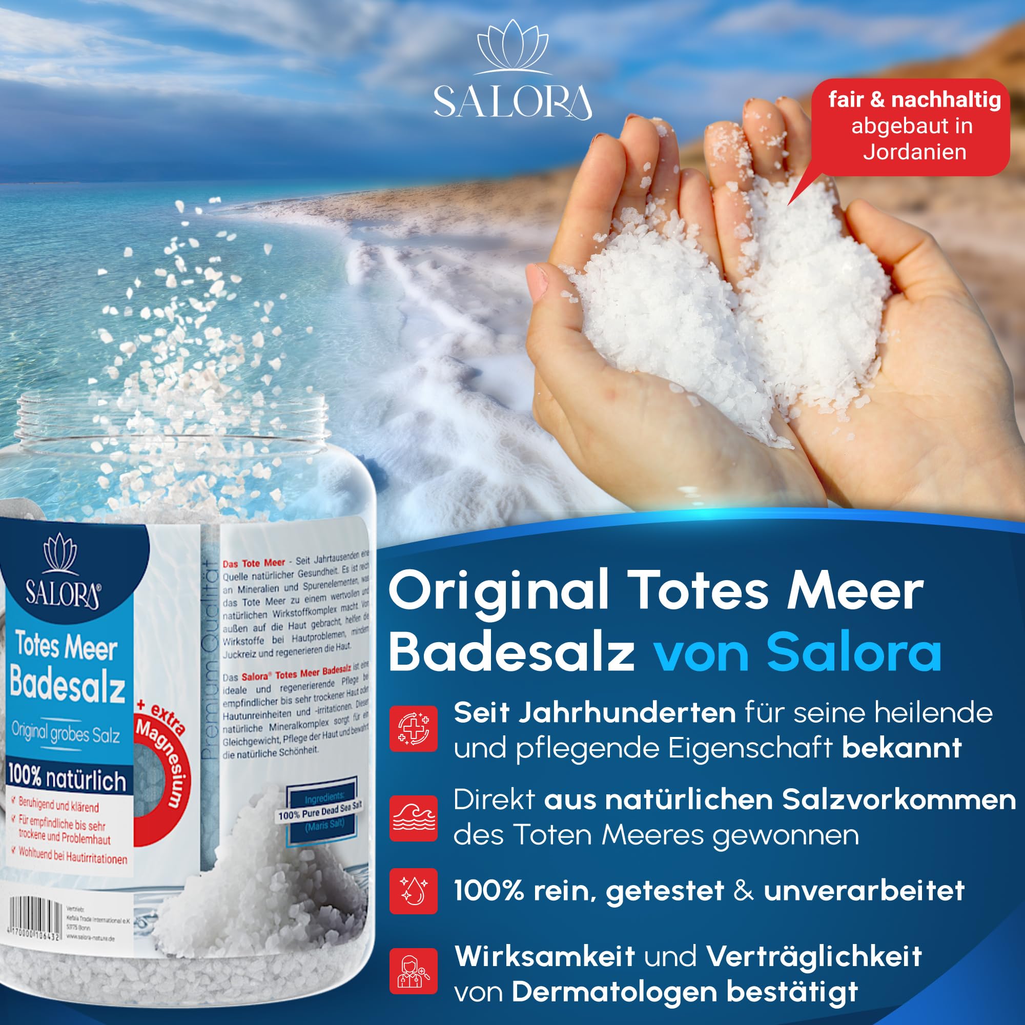 Salora ® Original Totes Meer Badesalz 2,5 Kg [Frei von Zusatzstoffen] - Premium Meersalz Badesalz aus Jordanien - Vollbad oder Fußbad Salz mit Peeling Effekt 2
