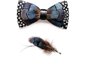 RBOCOTT Handmade Feather Pre-tied Bow tie and Brooch Sets for Men