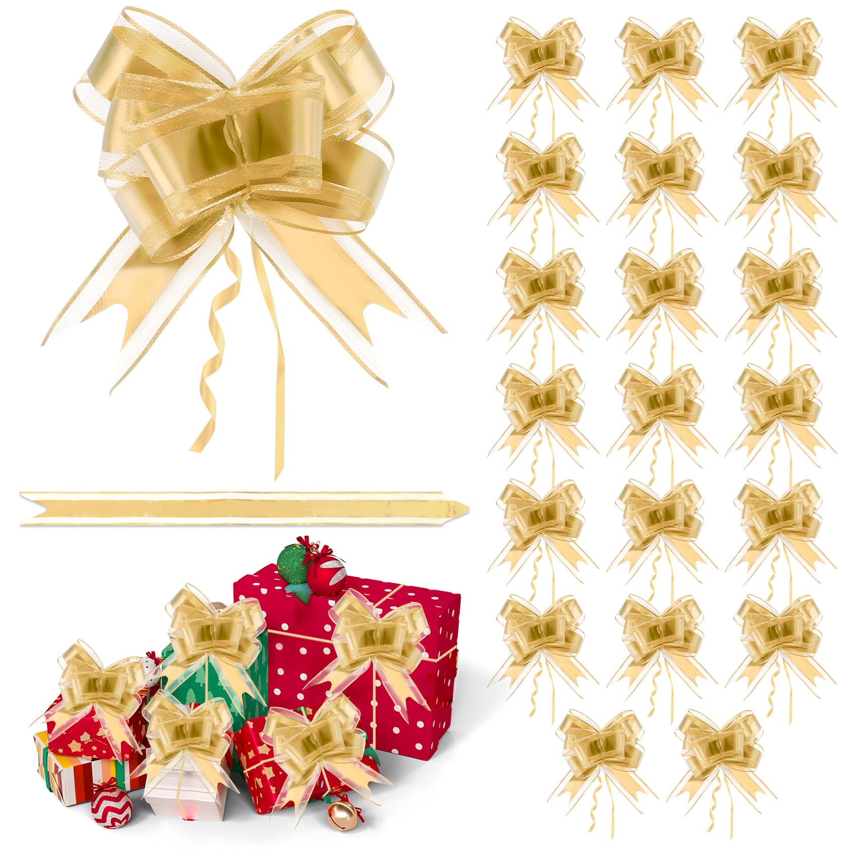 Photo 1 of 20 PCS Pull Bows Gold Christmas Bows for Gift Wrapping 6 Inches Organza Ribbon Bows Large Christmas Gift Bows for Gift Wrapping Christmas Wedding Birthday Party Flower Baskets Present Decorations