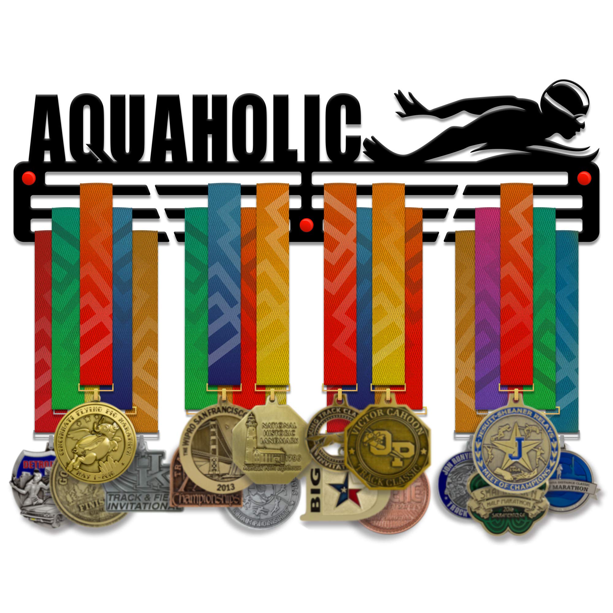 VICTORY HANGERS Aquaholic Medal Holder Display Rack - 3 Bars Black Coated 3 mm Steel Metal Hanger with Wall Mount Standoffs - 18 Inch Wide Holds 60 Medals or More
