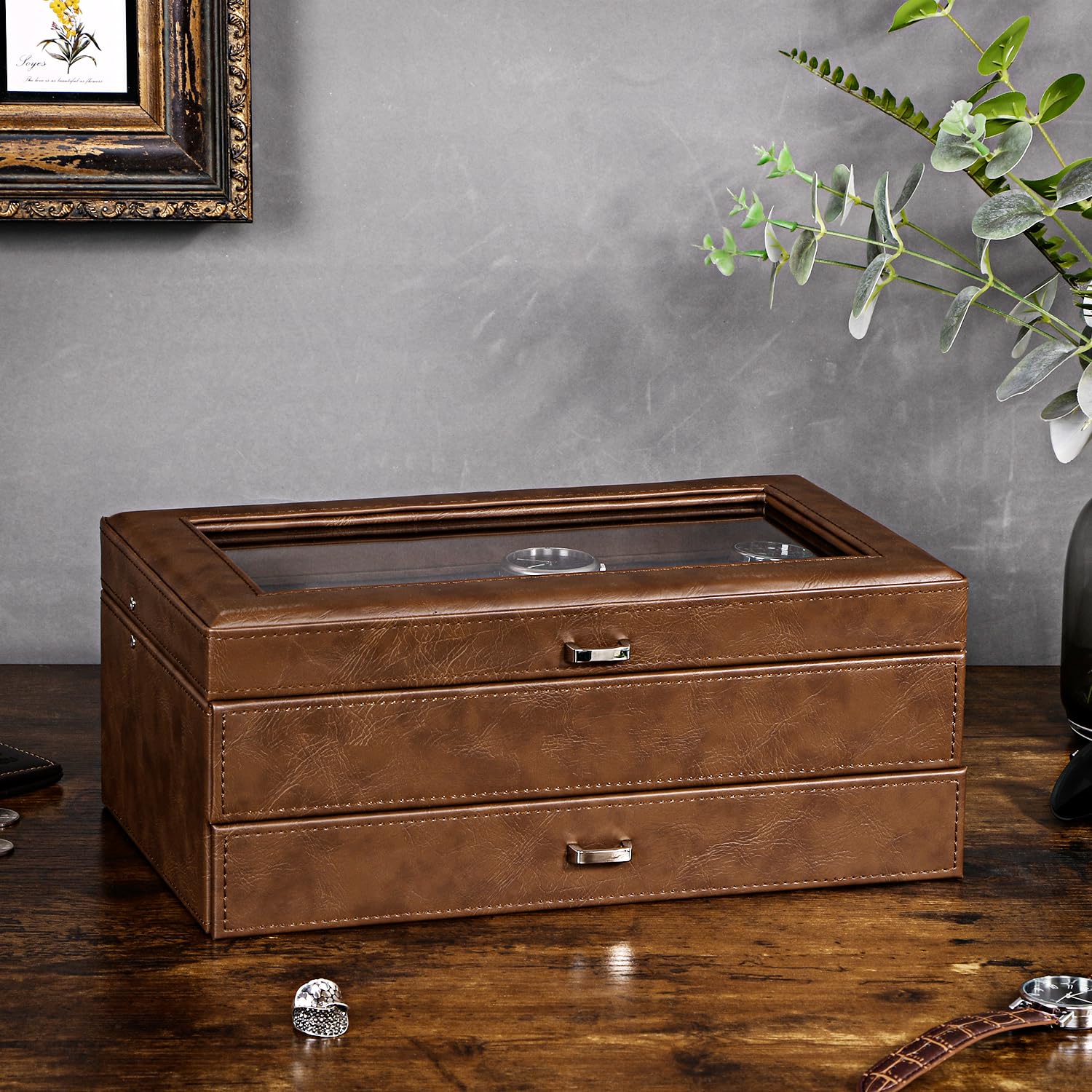 BEWISHOME Watch Box for Men, 12-Slot Watch Case, 2-Layer Watch Case With Drawer, Mens Jewelry Box with Large Glass Lid, Watch Display Case Watch Holder Organizer Watch Storage for Men Women Espresso