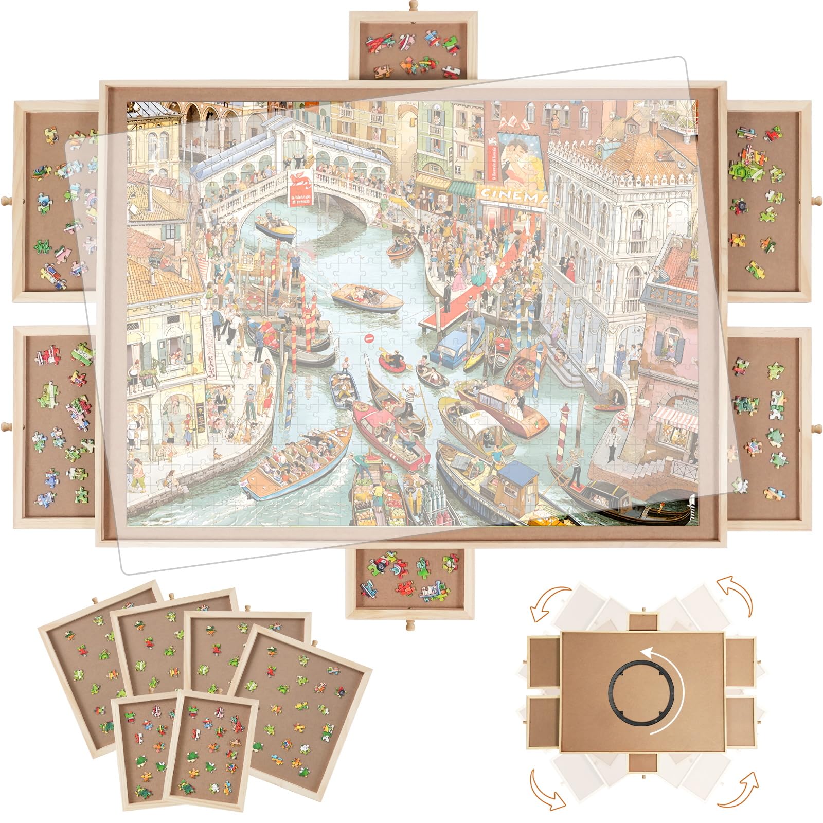 Photo 1 of 1500 Pieces Rotating Puzzle Board with 6 Drawers,34.25"x25.2" Portable Wooden Jigsaw Puzzle Table with Lazy Susan Spinning Cover