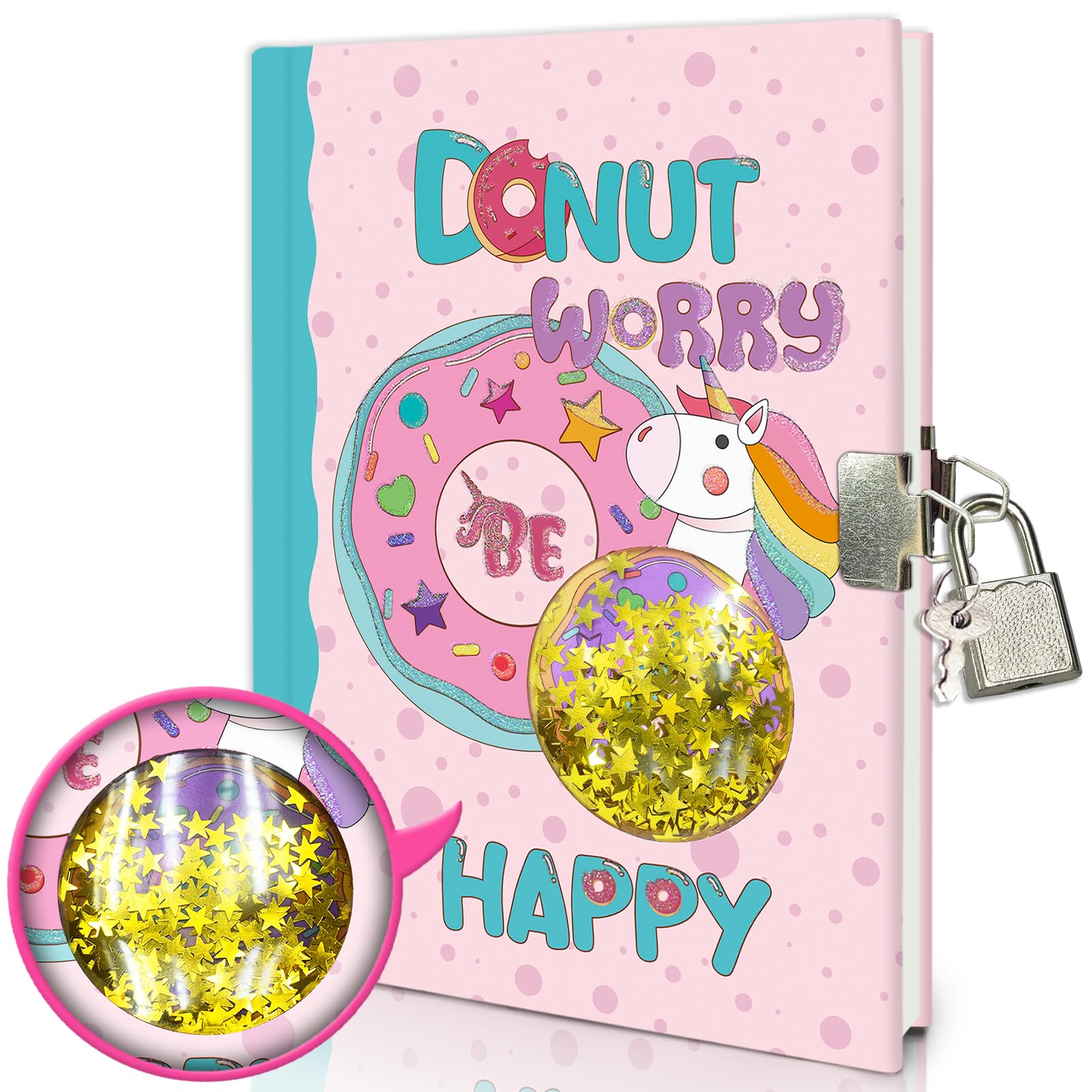 Secret Diary for Girls, 7x5.25 Inches 160 Lined Pages Shakable Sequin Kids Diary with Lock Journal for Girls Gifts Cute Doughnut Notebook for Birthday Presents Toys 5 6 7 8 9 10 Year Old
