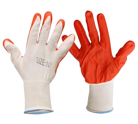 TIED RIBBONS Heavy Duty Garden Hand Gloves for Women Men (1 Pair, Rubber, White-Orange)