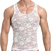 DKEGIFF Men Lace Shirt See Through Tank Top Sleeveless Fishnet Sheer Underwear Sissy Lingerie for Crossdressers