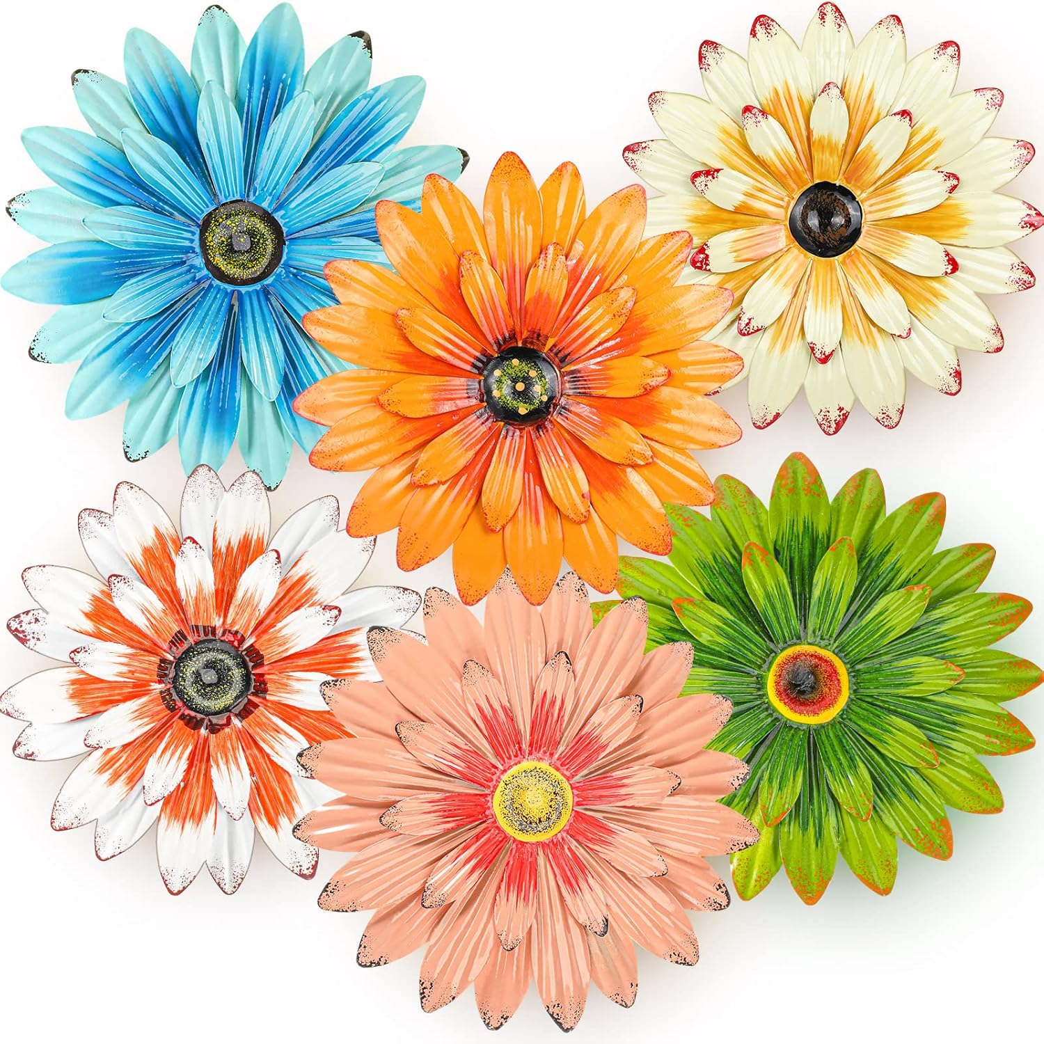 Plaques & Wall Art - Zhehao 6 Pcs Metal Flower Wall Art Decor 8 Inch Sunflower Wall Decorations Hanging Outdoor Metal Wall Art Multicolored Handmade Metal Flowers Outdoor Decor (Elegant Color)