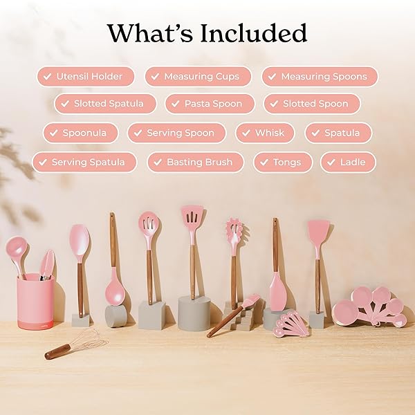 SILICONE KITCHEN UTENSILS SET & HOLDER: COOKING UTENSILS SET – KITCHEN ESSENTIALS FOR NEW HOME & 1ST APARTMENT- SILICONE SPATULA SET, COOKING SPOONS FOR NONSTICK COOKWARE (ACACIA WOOD, PINK)