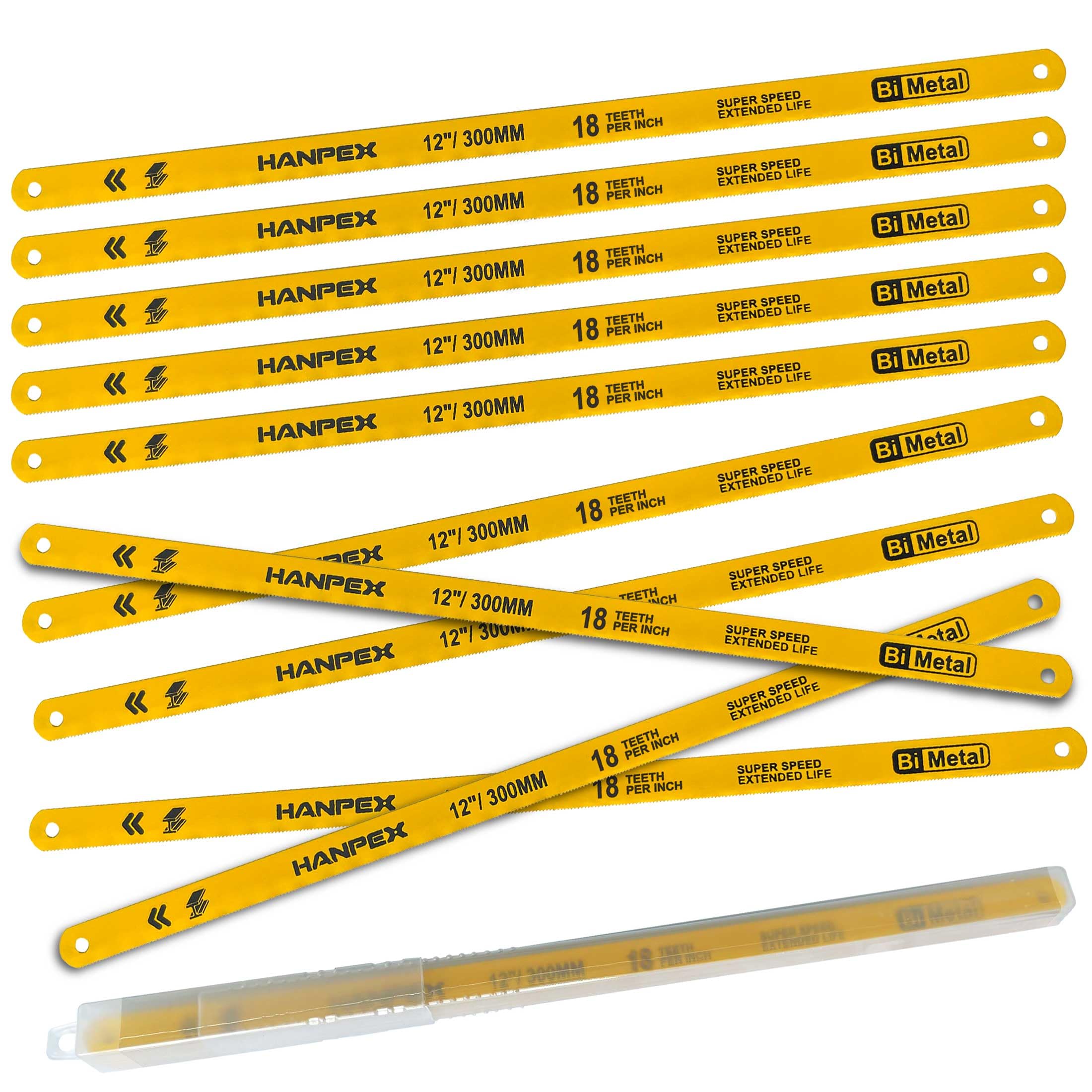 Hanpex 300mm Hacksaw Replacement Blades (10 Pack) High Speed 18 TPI - 12" Length Hack Saw Blade - Bi-Metal HSS Cutting Blades
