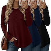 Velvelhall 3 Pack Women's Waffle Knit Sweatshirts Crew Neck Long Sleeve Tops Casual Loose Fit Pullover Tees Curved Hem Shirts