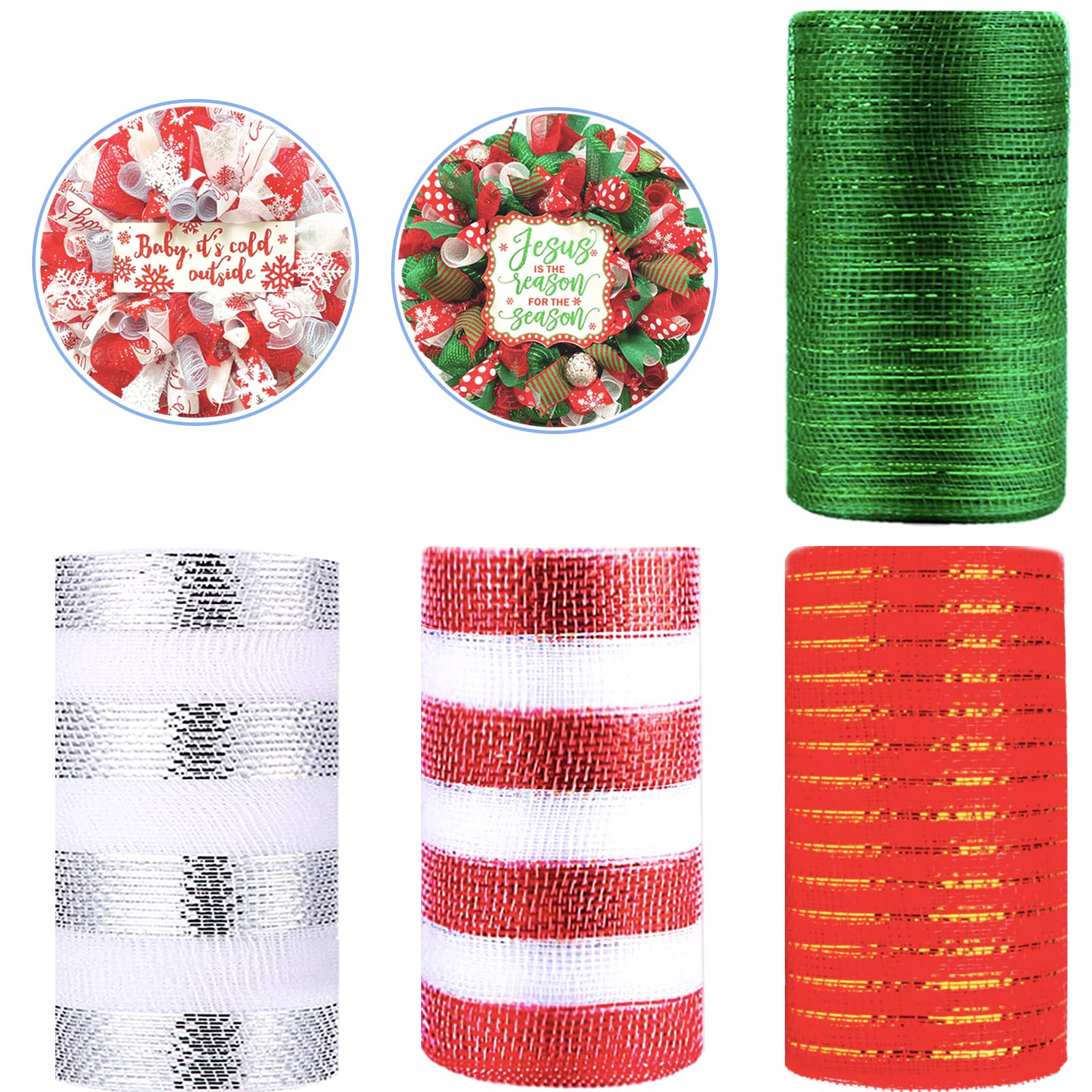 4 Rolls Christmas Deco Mesh Rolls for Wreath Making,6 Inch x 10 Yards White Red Green Xmas Ribbons Stripe Mesh Metallic Foil Deco Poly Mesh Roll for Christmas Swag Decoration Wreath Making,Garland,Bow โ image 1