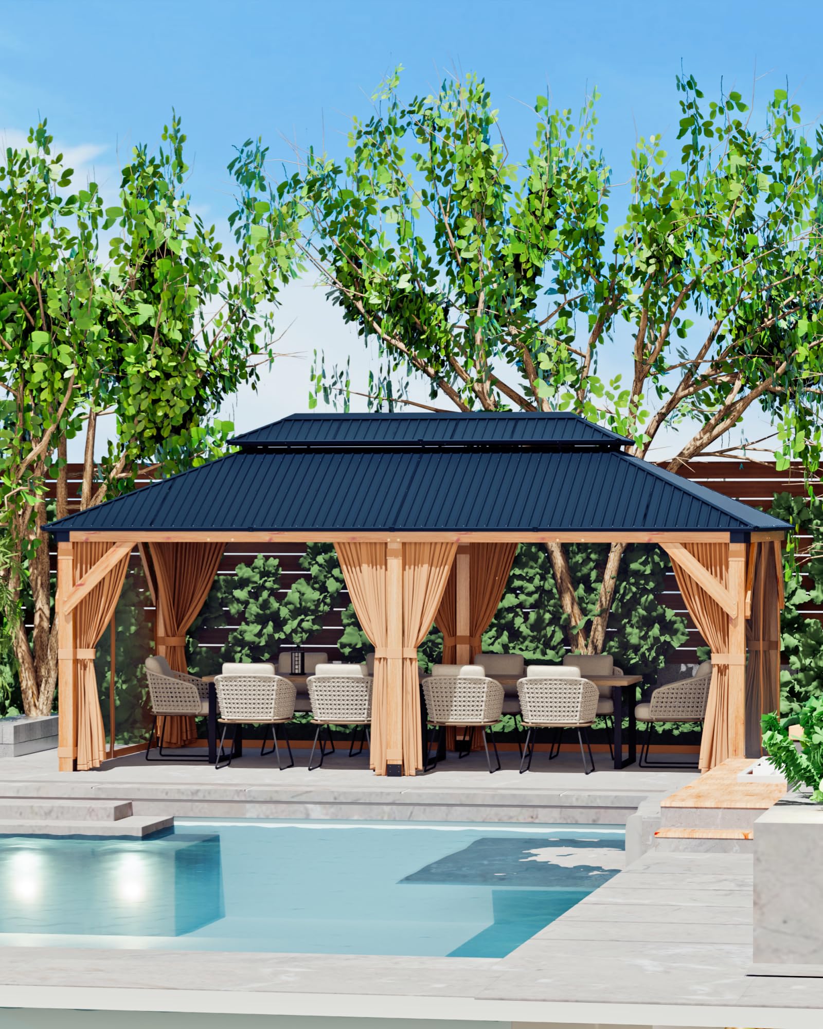 Photo 1 of **SCRAPES. SELLING FOR PARTS AS PARTIAL SET. ONE BOX OUT OF FOUR**GarveeLife Hardtop Wood Gazebo 12 ft x16 ft for All Weather, with Double Metal Roof, Heavy Duty Wooden Frame, Net, and Curtain, Permanent Building for Patio, Deck, Backyard, Lawn, and Garde