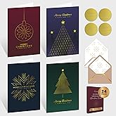 Decorably 24 Pack Gold Foil Embossed 4x6in Minimalist Modern Assorted Christmas Cards with Envelopes & Stickers - 4 Holiday Designs Seasons Greetings for Friends & Family, with Printed Message Inside